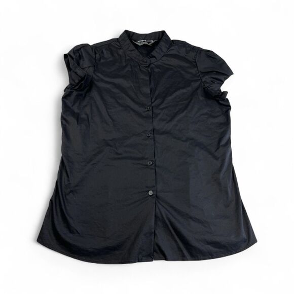 Norma Kamali Womens Black Button Front Blouse L Minimalist Work Short Sleeve Top - Picture 1 of 11